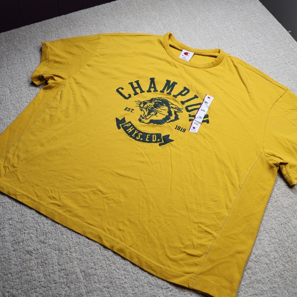 Champion Phys Ed Cougar Graphic Tee Lemon Curry Yellow Boxy T-Shirt XXL NEW